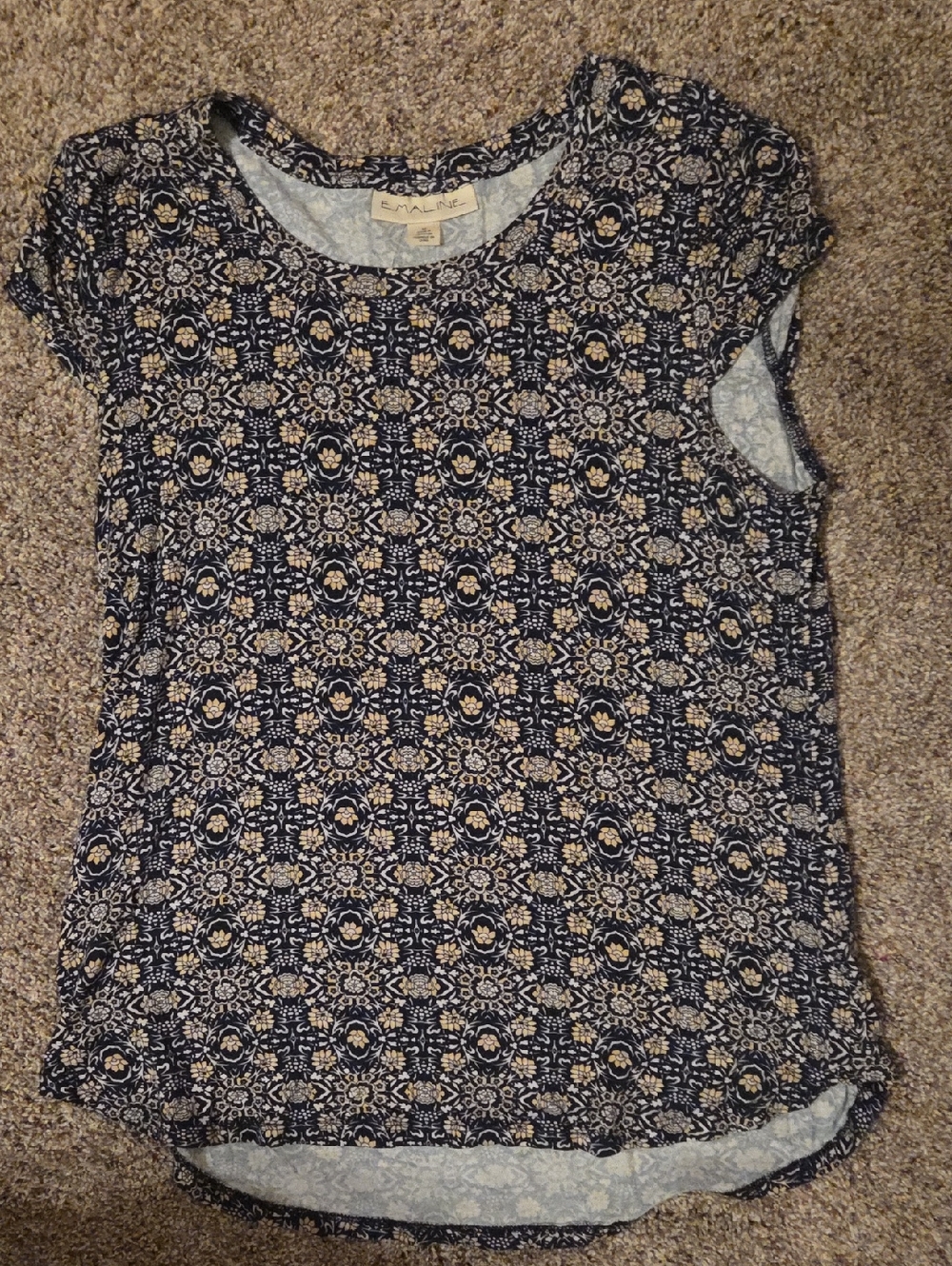Patterned Navy and Cream Short Sleeve Women's Top